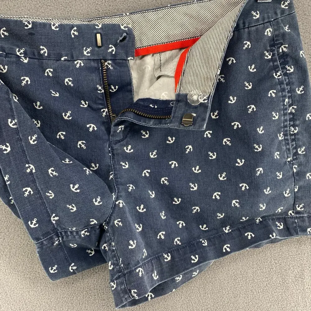 Hinge Chino Shorts All Over Anchor Novelty Print‎ Womens 8 Preppy Blue White